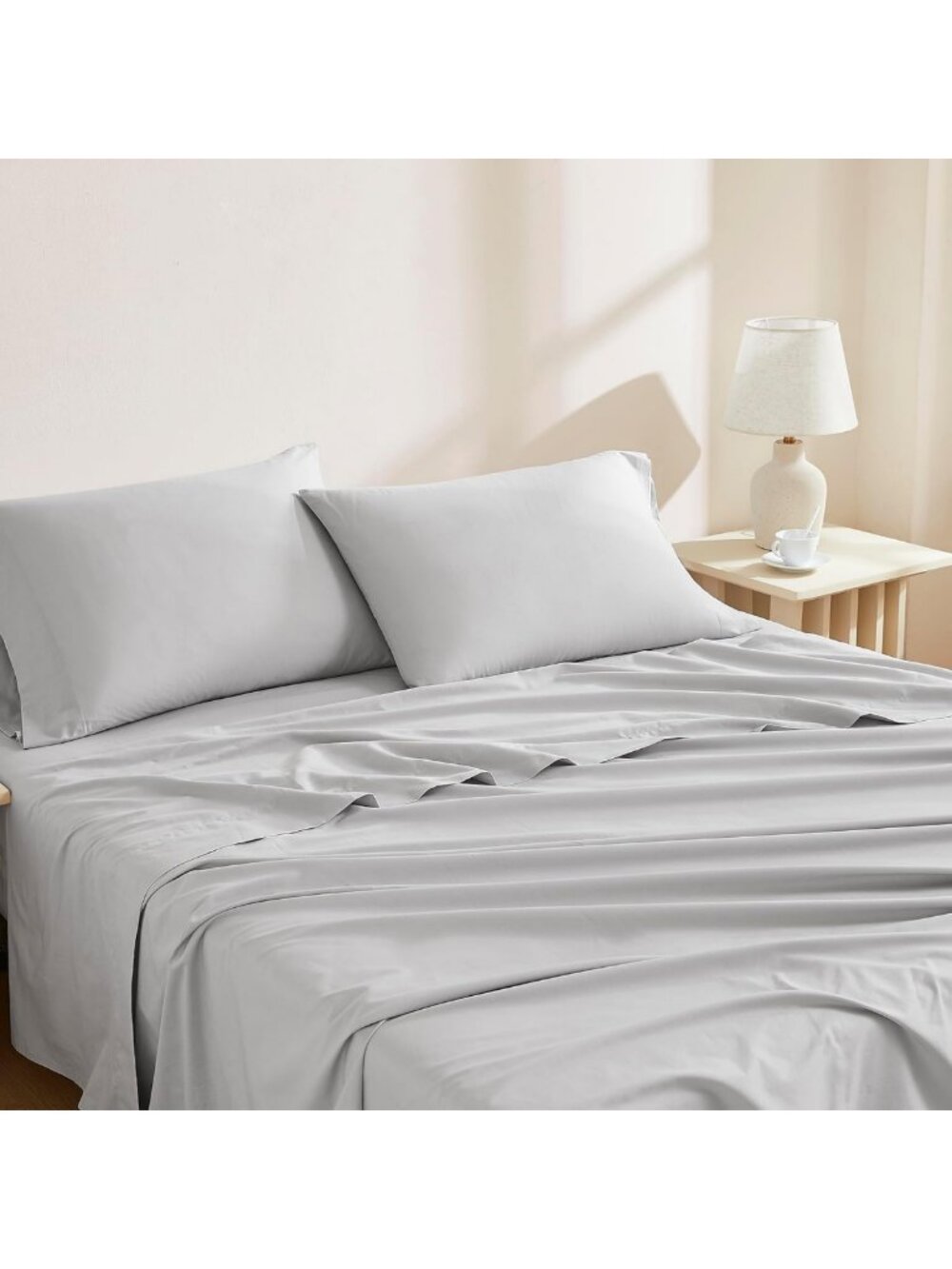 Organic Cotton King Size Sheet Set, 4 Pcs - Light Grey Percale, Deep Pocket